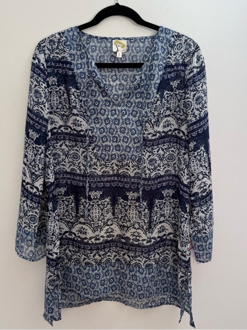 Anthropolie Fig & Flower Blue Floral Paisley Tunic Top Blouse M Semi Sheer Boho